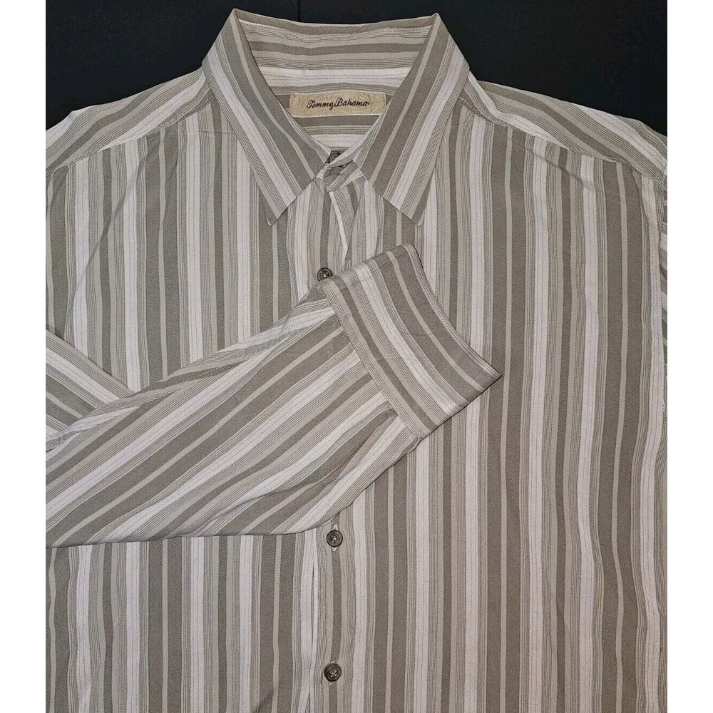 Vintage Tommy Bahama 100% Silk Dress Shirt Men's L Striped Beige Khaki